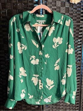 Daniel Rainn Zaro Button Up Blouse Green Floral Shirt Size Large